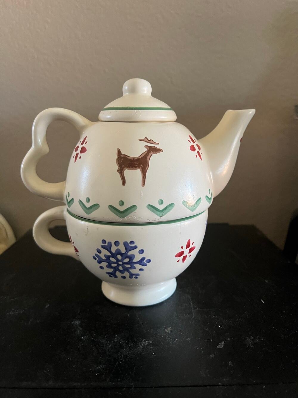 Vintage Pfaltzgraff "Nordic Christmas" Stacking Tea Set (3-Piece: Pot, Lid, Cup)